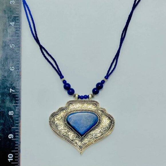 Lapis Lazuli Beaded Chain Pendant Necklace, Striking Blue Stone Pendant, Gemston - Picture 9 of 12